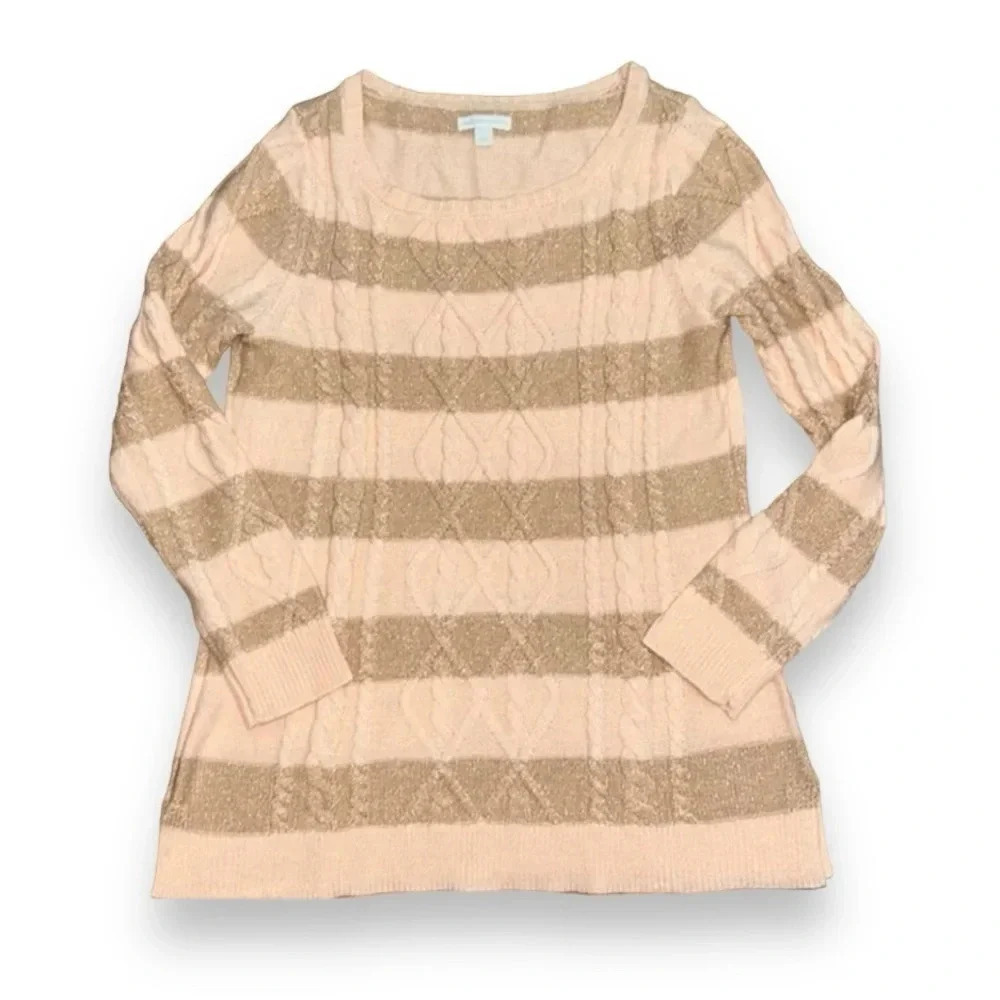 New York & Company Metallic Pink and Gold Striped Knit Sweater Size Large